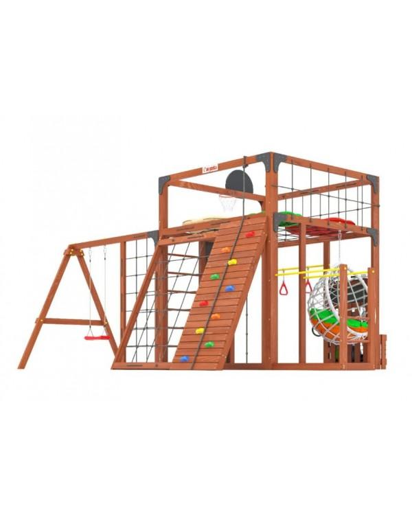 Детская площадка для дачи Савушка КУБ-7 Махагон с качелями Лодочка и коконом