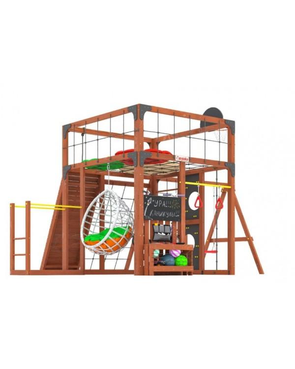 Детская площадка для дачи Савушка КУБ-7 Махагон с качелями Лодочка и коконом