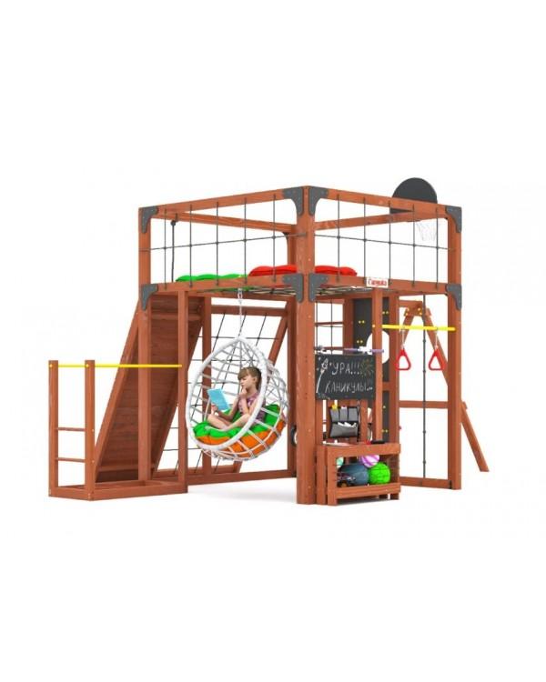 Детская площадка для дачи Савушка КУБ-7 Махагон с качелями Лодочка и коконом