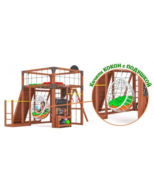 Детская площадка для дачи Савушка КУБ-7 Махагон с качелями Лодочка и коконом